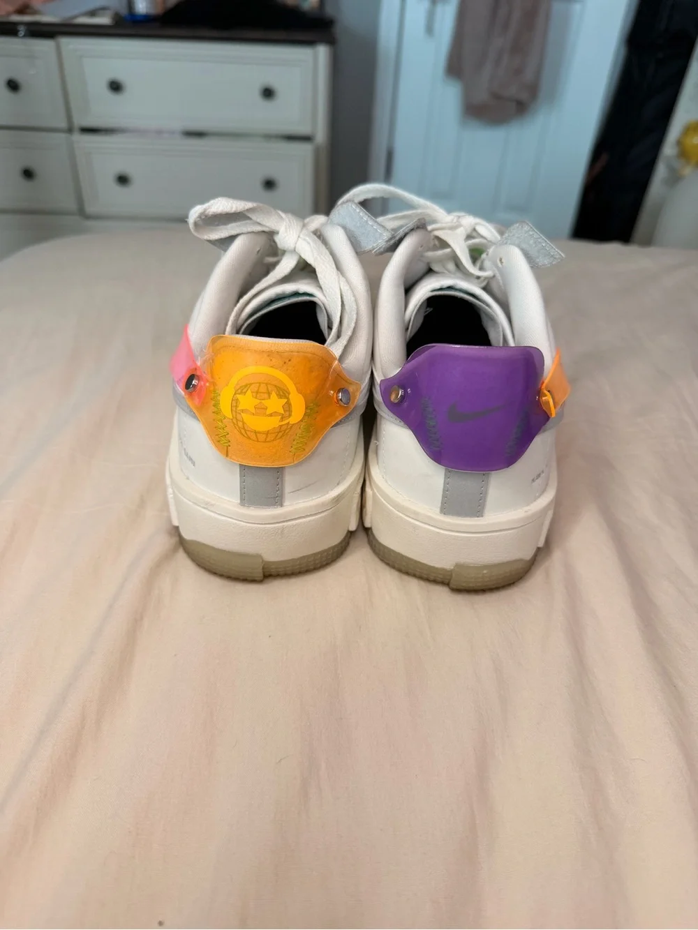 Nike White Sneakers with Neon Pink, Green, Purple, and Orange Accents